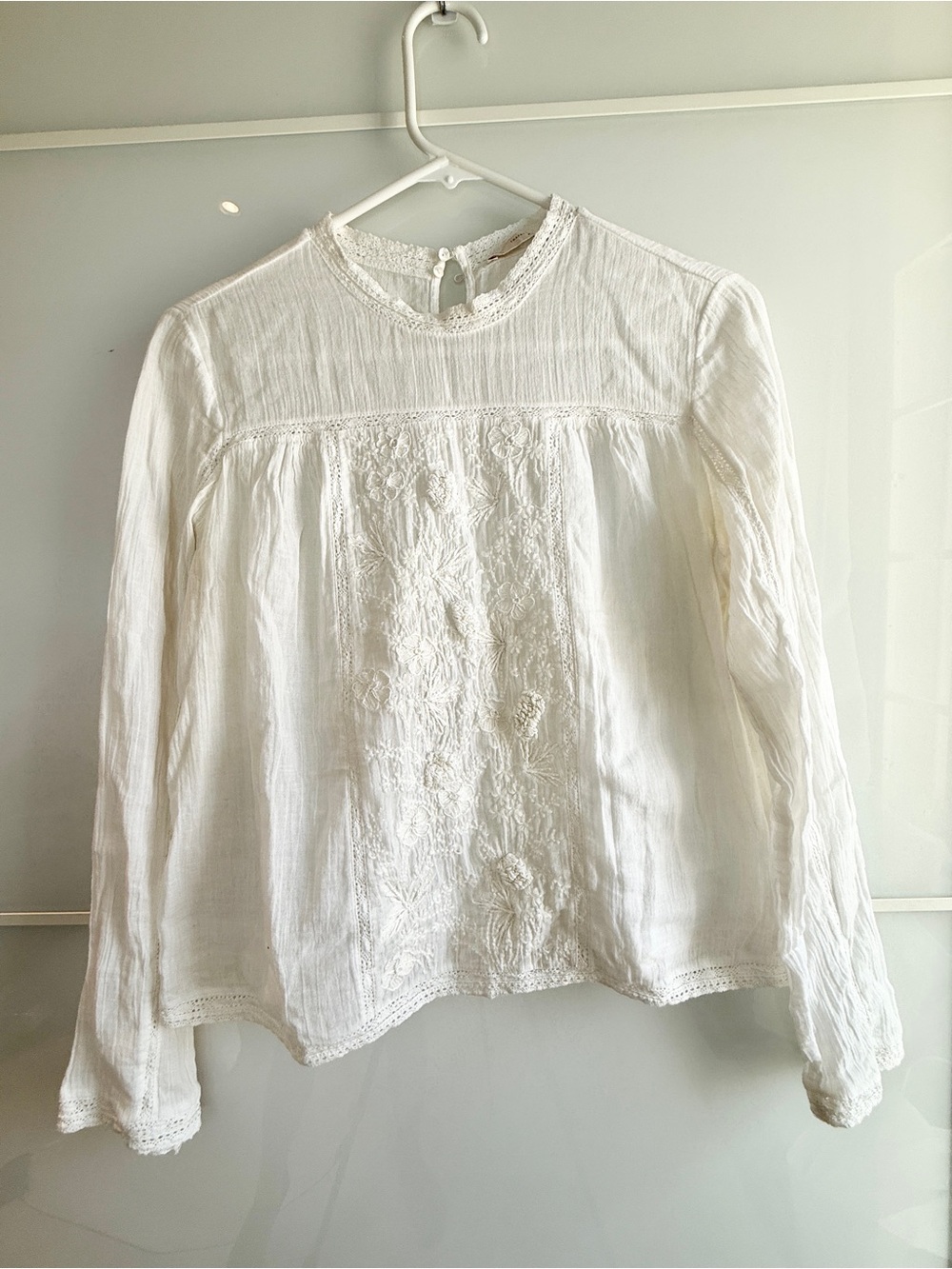 Zara White Lace Detail Front Long Sleeve Women's Top Sz M
